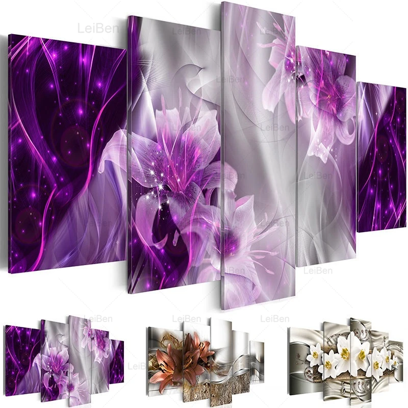 Modern Painting Canvas 5 Pieces Wall Art Abstract Decor Lily Flowers Modular Pictures for Living Room Bedroom Prints