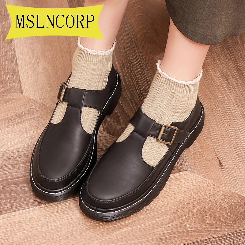 

Big Size 34-43 Spring Autumn Girls Round Toe Shoes Good Quality Leather Mary Janes Shoes Platform Woman Flats Ladies Shoes Black