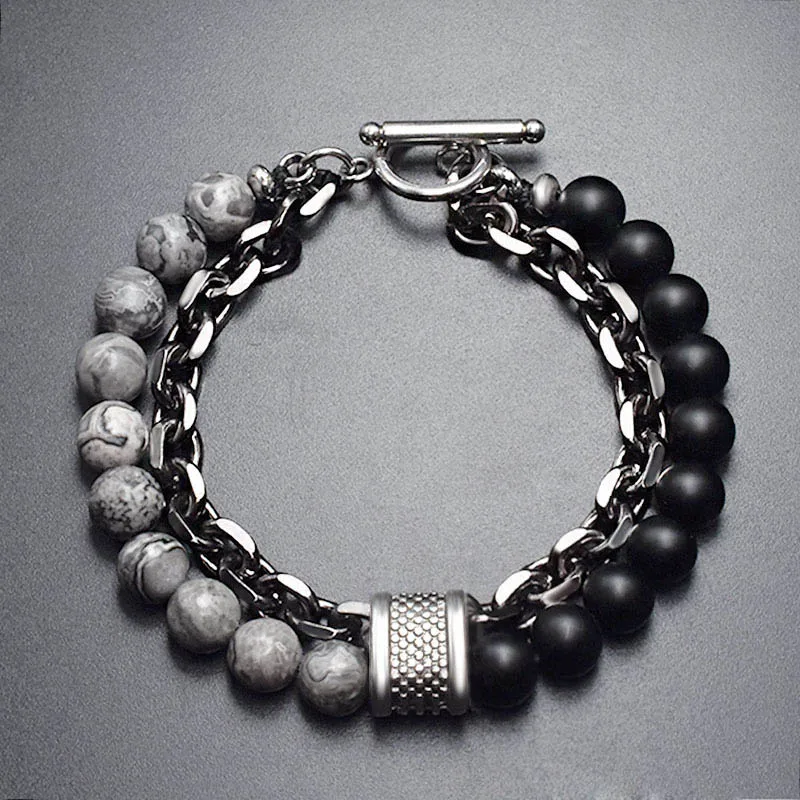 2 Layers Gun Black Stainless Steel Chain Bracelet Men's Tiger Eye Natural Stone Beads Bracelet for Men Beads Strand Braclet Gift image 5