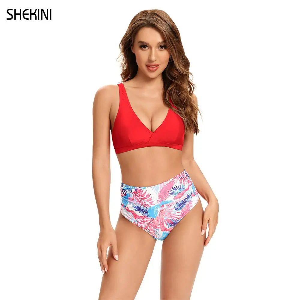 

SHEKINI Women's Triangle V-Neck Bikini Top Ruched High Cut Floral Bottom High-rise Swimsuit Two Pieces Swimwear 2023 Beach Suit