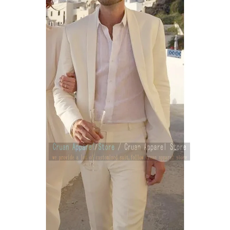 

Custom Made Ivory White Beach Wedding Men Suits Set Slim Fit Causal Summer Linen Male Blazer Groom Tuxedo Jacket Pants 2 Pieces