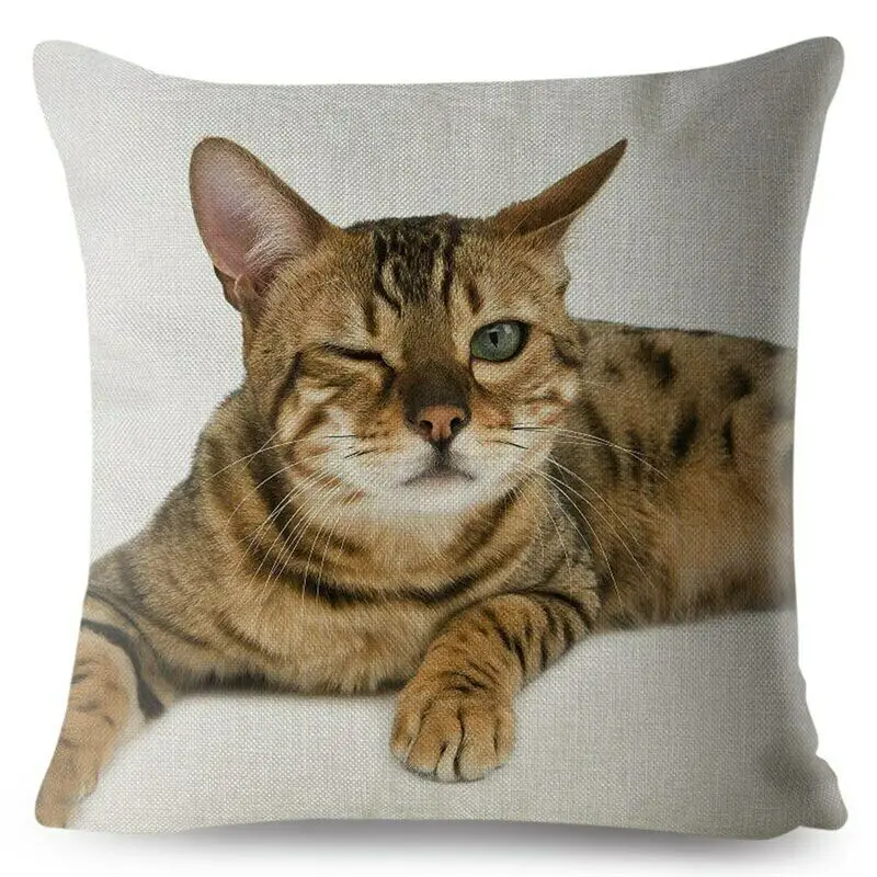 Cute Bengal Cat Print Pillow Cushion Cover Beige Linen Throw Pillows Cases Sofa