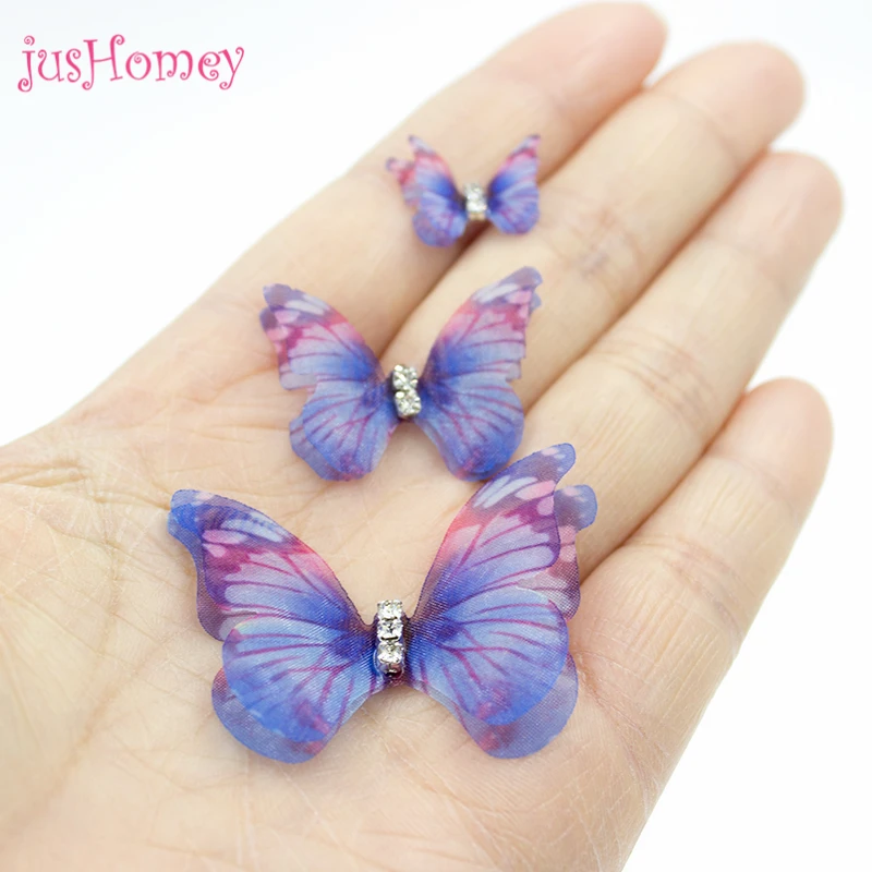 100pcs Handmade Organza Butterflies w/ Rhinestone Double-layer Silk Butterflies for DIY Jewelry Making, Nail Art