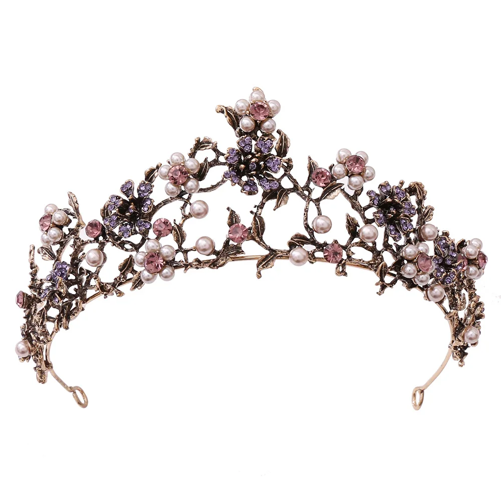 Baroque Vintage Black Purple Crystal Pearls Bridal Tiaras Crown Rhinestone Pageant Diadem Veil Tiara Wedding Hair Accessories