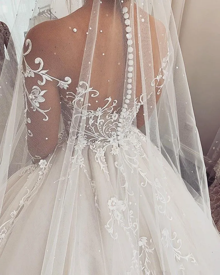 Vestido de novia de encaje elegante y encantador, vestido de novia de manga larga transparente, ilusión hecha A medida, línea A, 2019