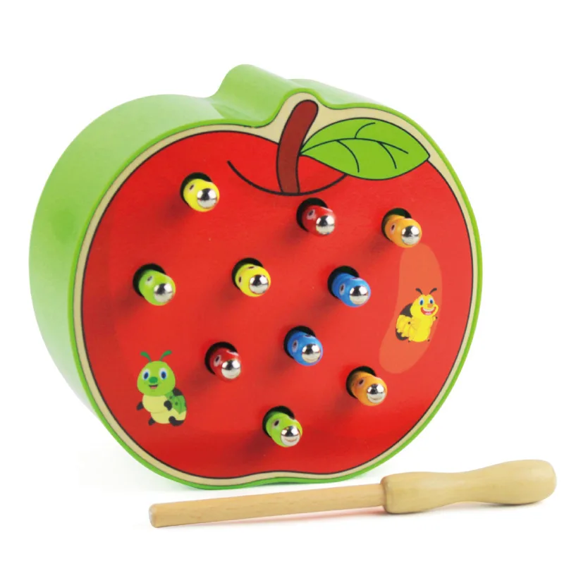 Baby Toys Wooden 3D Puzzle Early Childhood Educational Toys Montessori Magnetic Strawberry Apple Catch Worm Game Color Cognitive