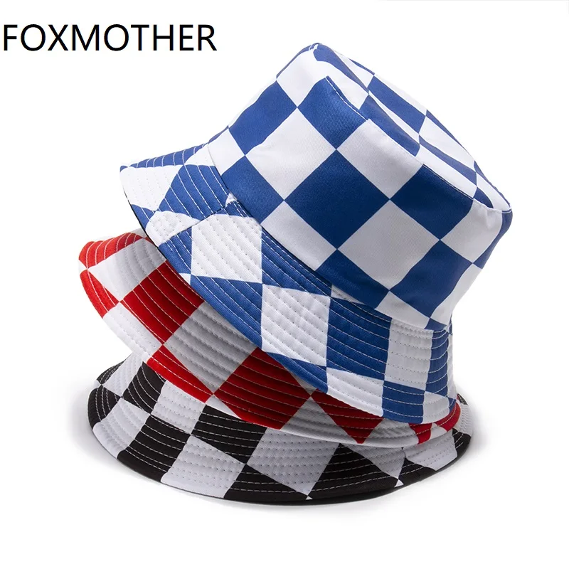 FOXMOTHER New Fashion Black Red Blue Plaid Check Bucket Hats Hip Hop Mens Panama gorras chapeu Fisherman Caps