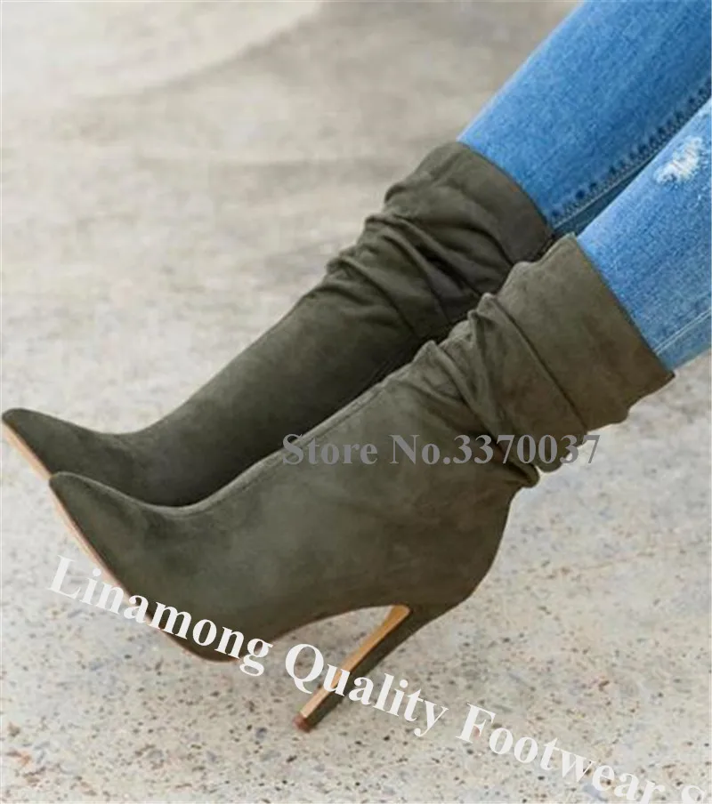 Linamong  Women Elegant Pointed Toe Stiletto Heel Short Boots Army Green Grey Suede Leather High Heel Ankle Booties Dress Heels