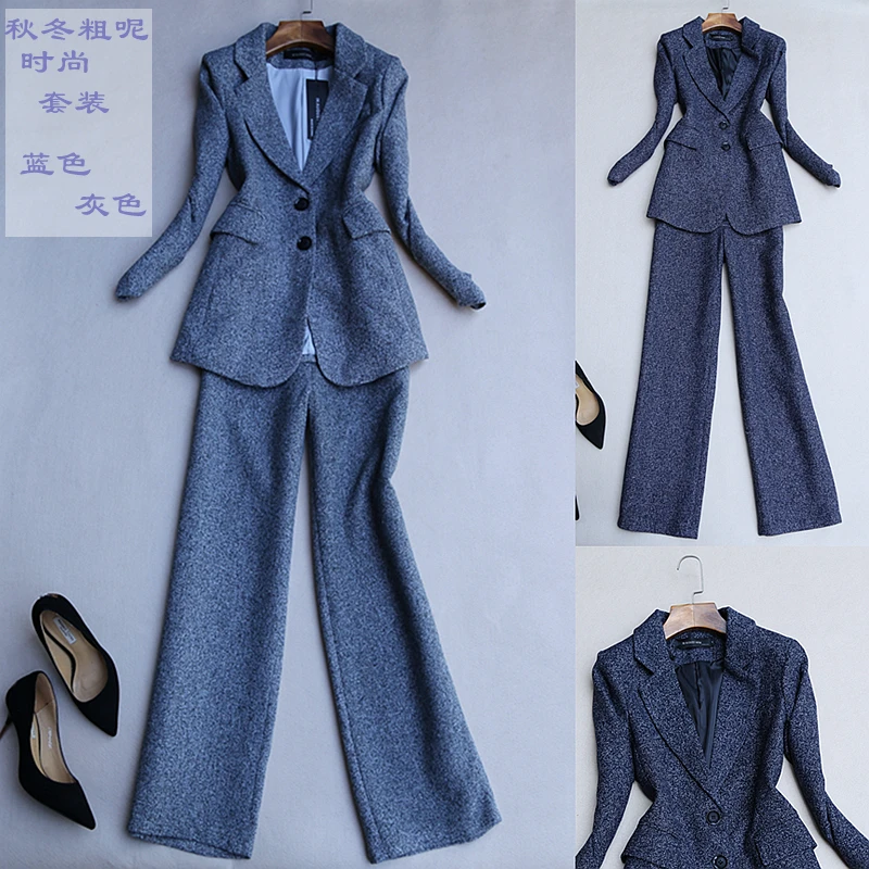 Autumn and winter new Korean fashion ladies suit chic high-end tweed suit jacket straight wide leg pants two-piece suit