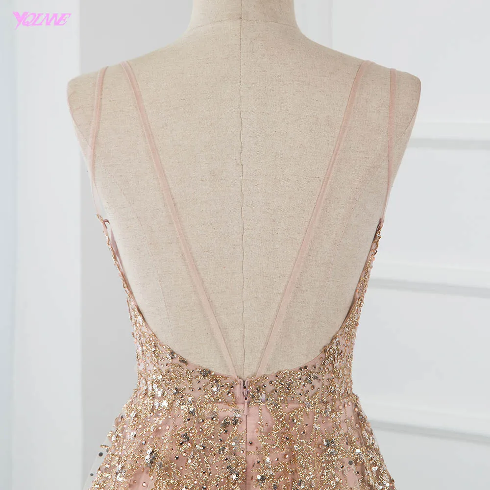 YQLNNE Sexy Straps Long Prom Dresses Sparkly Rose Gold Crystals Tulle Sweet Party Dress Backless Formal Dance Dress