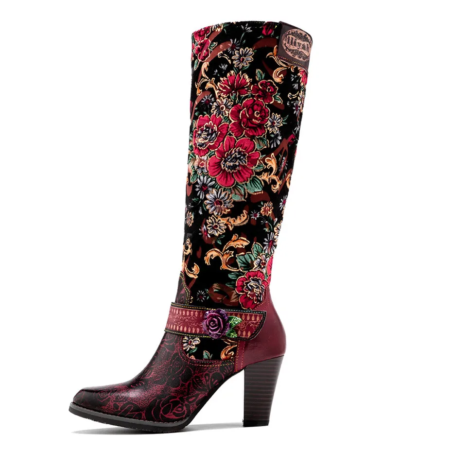 Autumn Winter Distressed Retro Women Riding Boots Three-Dimensional Flower Warmth Women High Heels Knee-High Zipper Boots Shoes