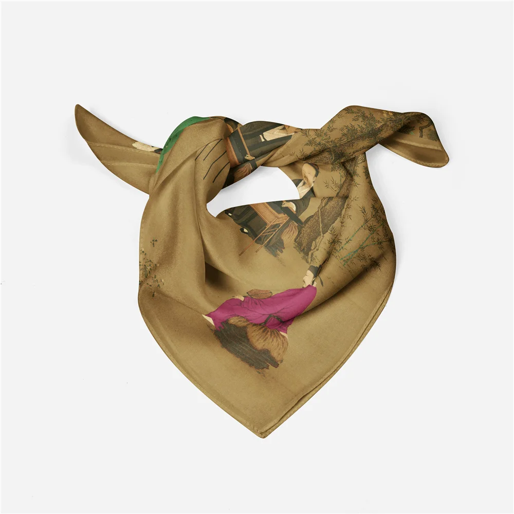 Twill Silk Scarf Woman Chinese Painting Square Scarves Wraps Bandana Small Hijab Silk Foulards Tie Headband Neckerchief 53CM