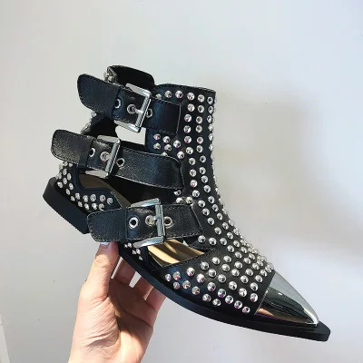 Spring Summer Black White Studded Hollow Out Short Ankle Boots For Women Sliver Metal Toe Flat Heels Booties Buckle Zapatos