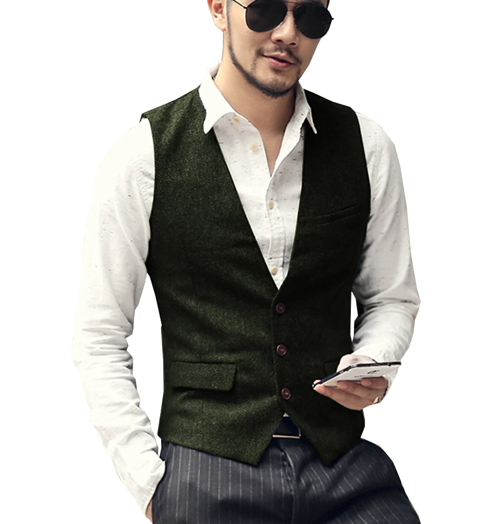 

Tweed Waistcoat Men Vest Casual Wool Slim Fit V-Neck British Style Custom Made Gilet Chaleco for Winter Wedding Leisure Business