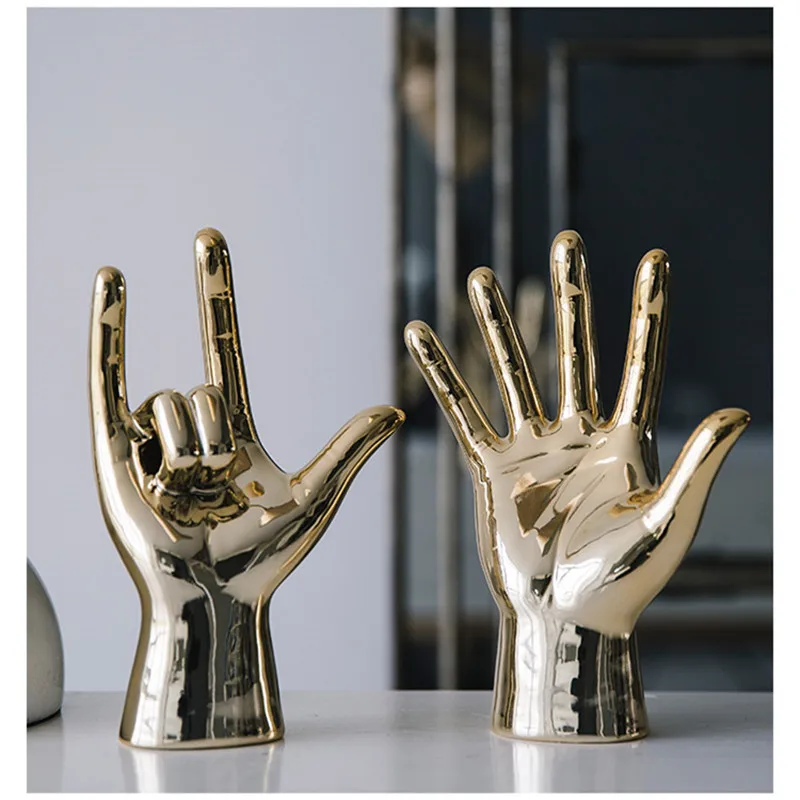 

NORDIC CREATIVE GOLD PLATING FINGER ART SCULPTURE ABSTRACT GESTURE STATUE CERAMICS CRAFTS LIVING ROOM DECORATIONS FOR HOME R3519