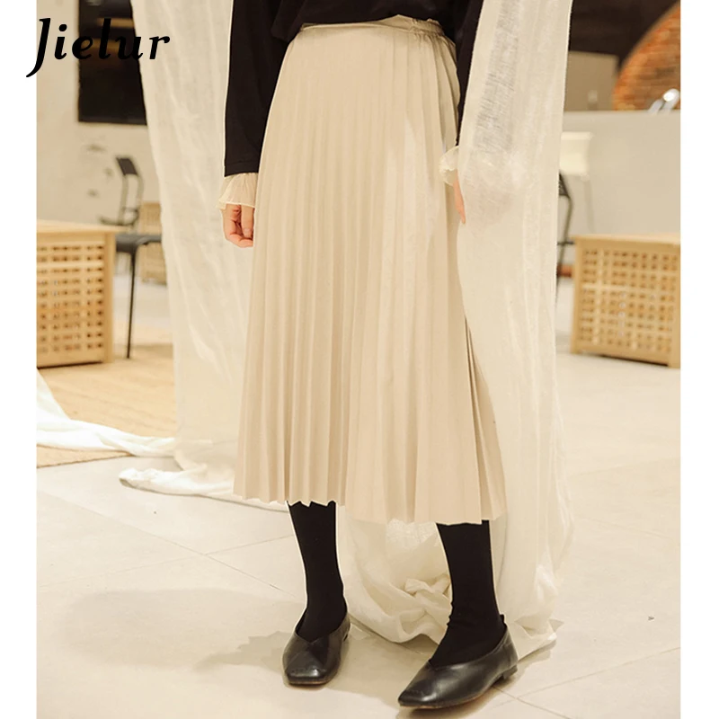 

Jielur Apricot Vintage Skirt Female 2021 Summer Korean Style Women High Waist Chic Midi A-line Pleated Skirts Harajuku Faldas