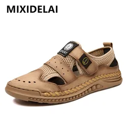 Sandalias de malla hechas a mano para hombre, zapatos informales transpirables, cómodos para caminar al aire libre, talla grande 46, novedad de verano