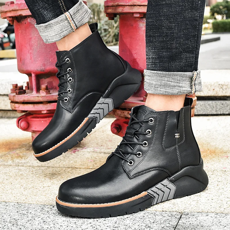 Men Boots Elevator Booster Shoes Height  Increase  Insole 7cm Leather Man Motorcycle  Winter Fashion