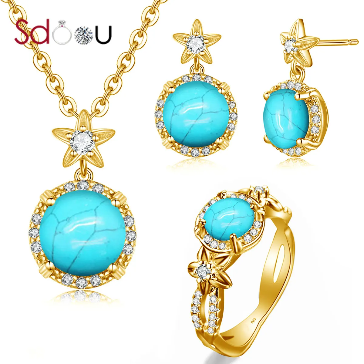 

SDOOU Bridal Jewelry Sets Real 14K Gold Ring Pendant Stud Earrings Wedding Jewellery Sets Flower Round Trendy 925 Silver Jewelry