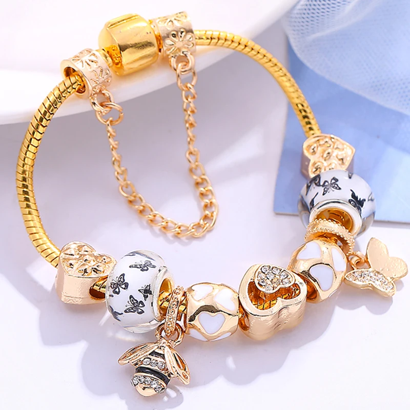 BAOPON Dropshipping Bienen & Schmetterling Anhänger Marke Charme Armbänder Schmuck Für Frauen Gold Farbe Charme Armbänder Pulseras Mujer