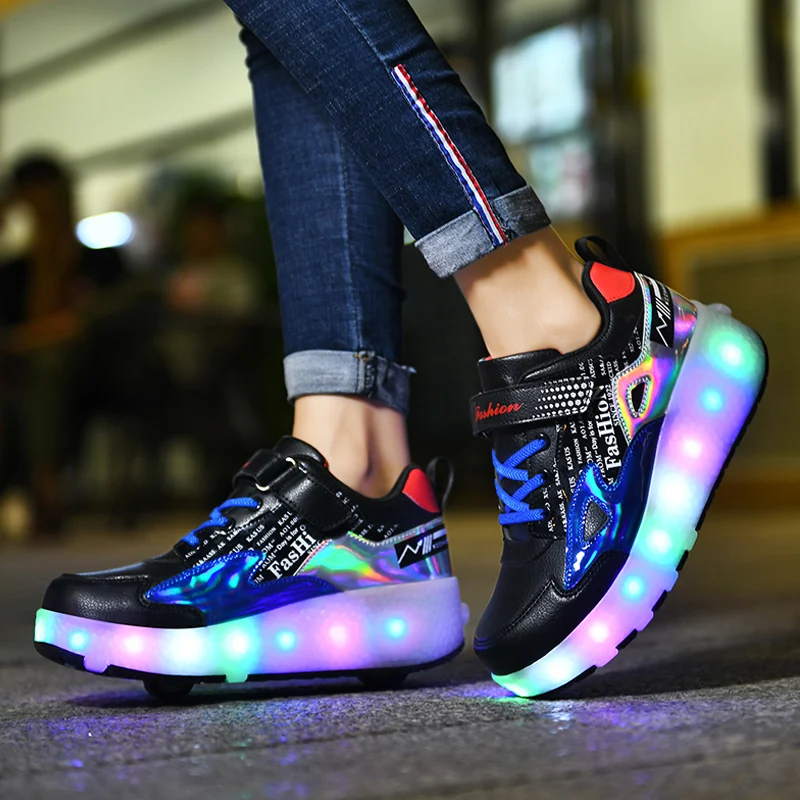 Roller Skate Shoes For Children Girl Kid Boys Led Sneakers 2 Wheels Fashion Casual Sports Pink Leather Light Luminous Boots