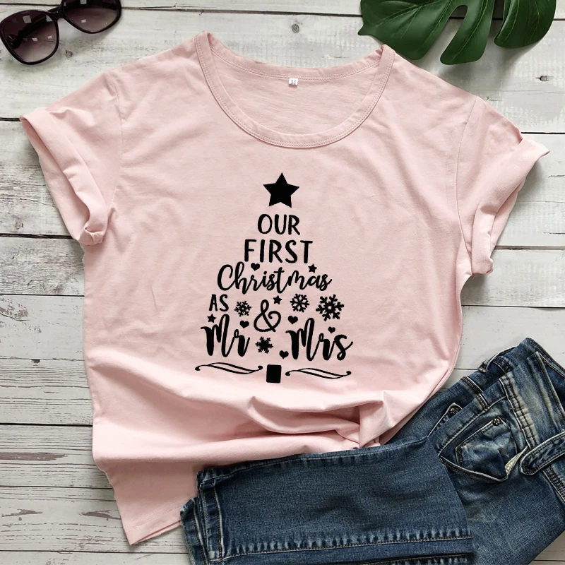 Our First Christmas As Mr & Mrs T-shirt Funny Husband And Wife Newlywed Gift Tshirt Men Women Graphic Matching Couples Tees Tops