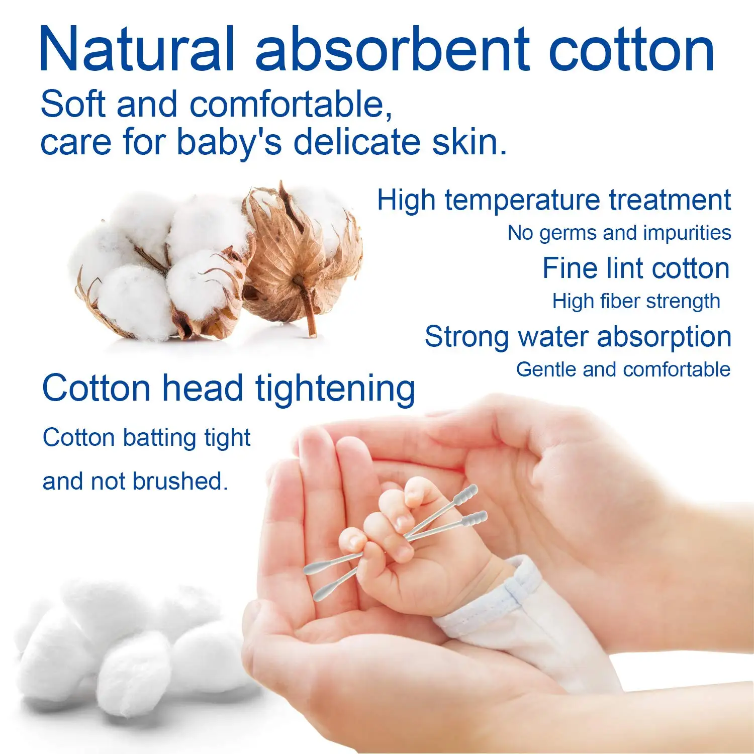 Cotons-tiges en coton naturel pour bébé, bâtonnets biodégradables sans chlore, en trois formes, pour les premiers soins, le nettoyage du nez et des oreilles, 100 pièces