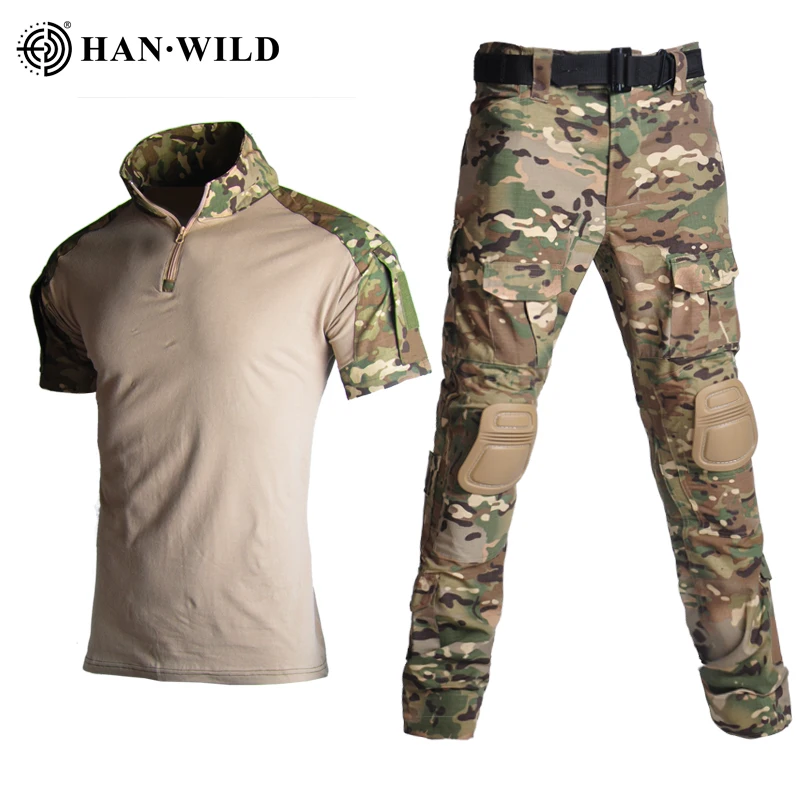 

Tactical Shirt Military Clothes Uniform Suits Camo T-Shirt Hunting Shirts Army Green Combat Shirt + Cargo Pants Knee Pads