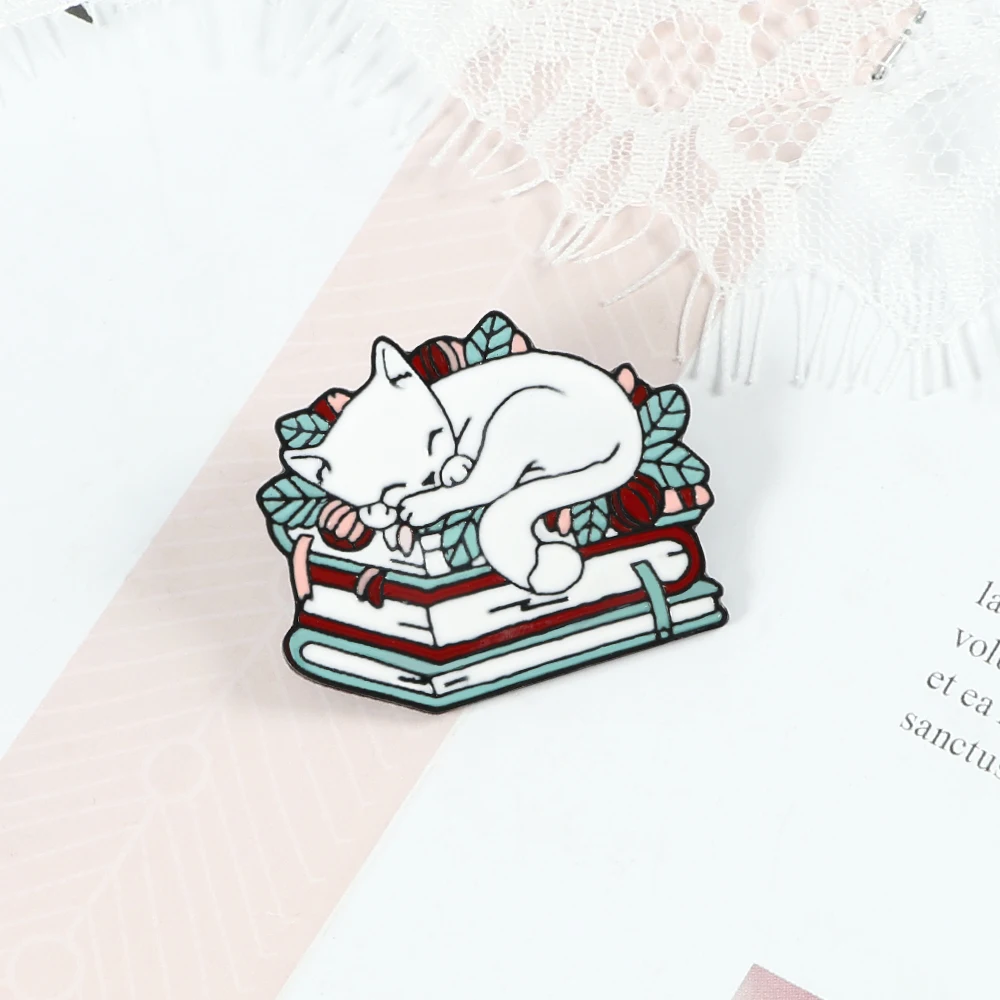 Cat Reading Book Enamel Pin Cartoon Sleeping Kitten Brooches Cute Book Lover Animals Badge Bag Clothes Lapel Pins Jewelry Gifts