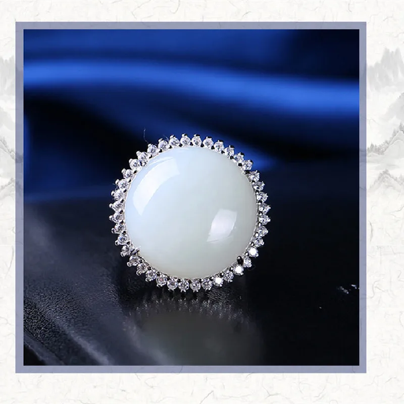 

S925 Sterling Silver Inlaid Natural Hetian Jade White Jade Ring Round Ring Face Luxury With Diamond Opening Adjustable