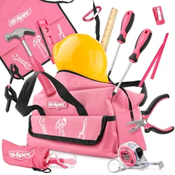 Hi-Spec 18pc Pink Grils Tool Set Real Home Tool Set Samll Size Learning DIY Tool Kit Set Woodworking Hand Tools in Storage Bag