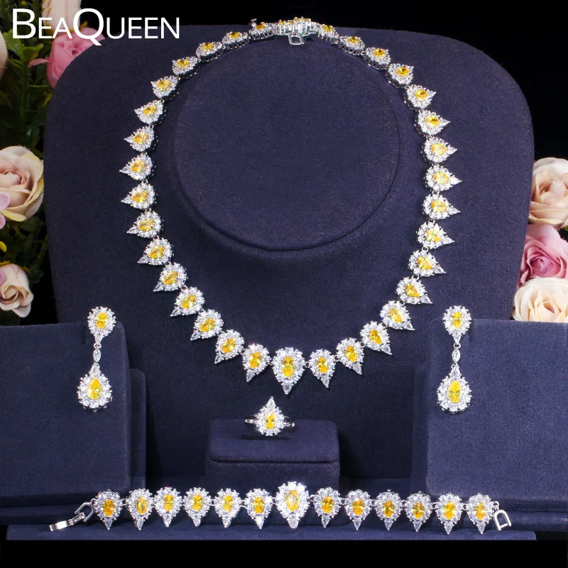 

BeaQueen Stunning 4pcs Wedding Jewelry Sets for Women Sparkling AAA Yellow Cubic Zirconia Bridesmaid Statement Jewellery JS041