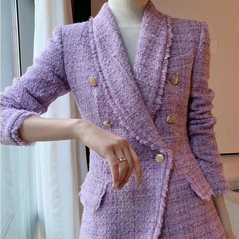 Purple Blazer Women’s Tweed Slim Double Breasted Design Autumn Winter Coat High-End Elegant Korean Fashion Female Wool Jackets