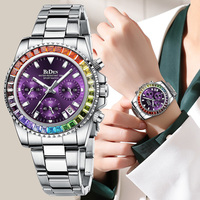 Fashion BIDEN Brand Lady Dress Watch Calendar Colorful Rhinestone Dial Casual Business Women Wristwatch Silver Stainless Steel