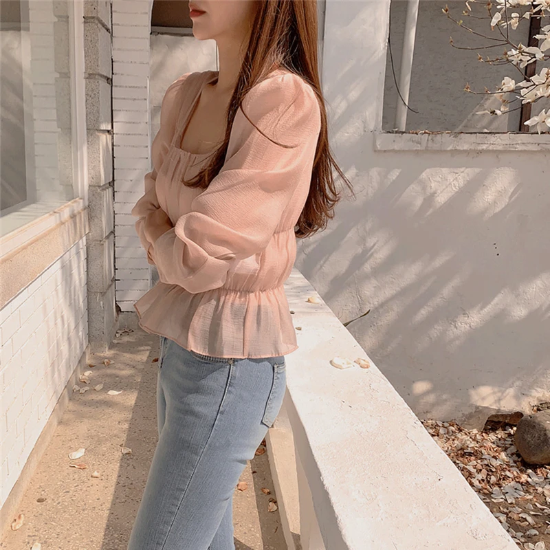 New 2021 Summer Autunm Women Blouses Fashionable Shirt Sweet Square Collar Elegant Wild Korean Lady Vintage Pink Tops BL3336