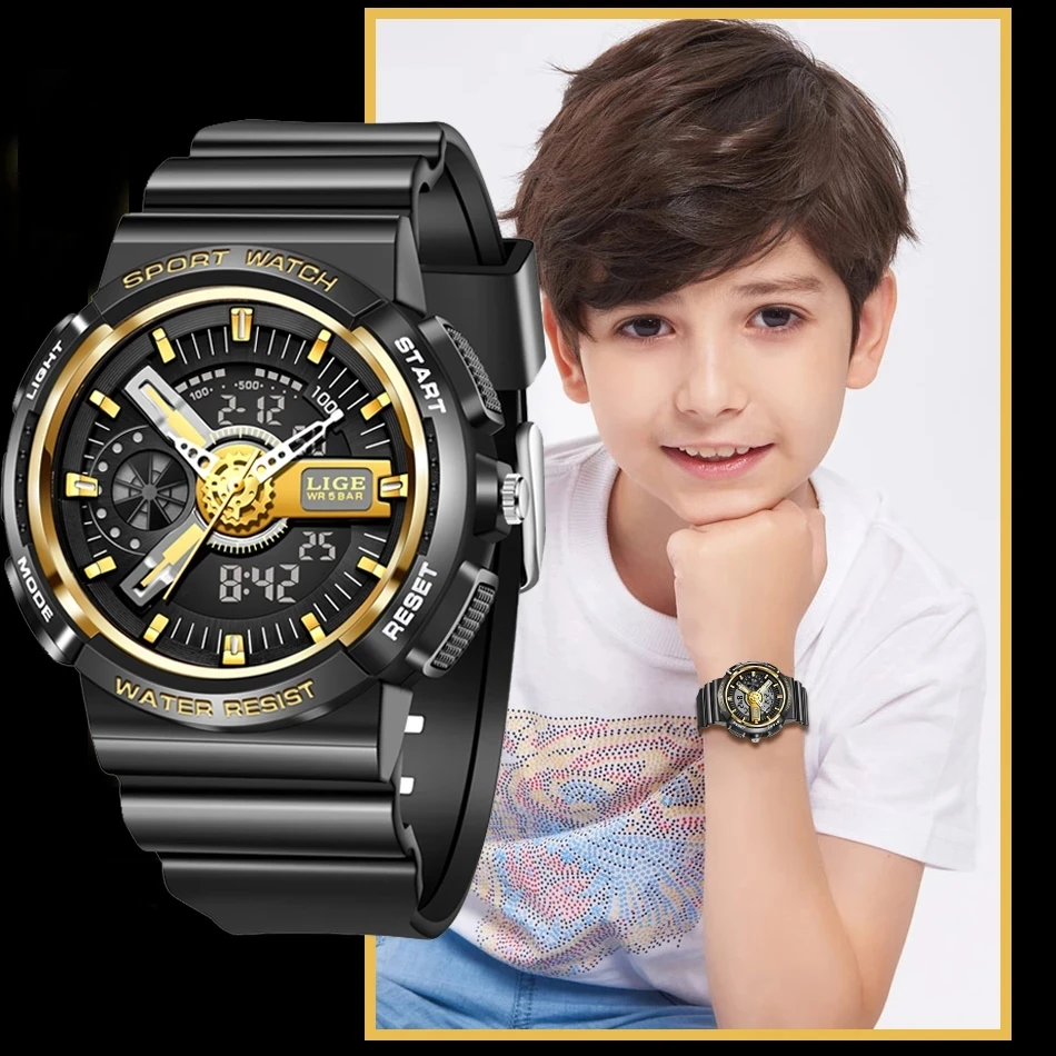 LIGE Military Kids Sport Watches 50M Waterproof Electronic Wristwatch Stop Watch Clock Children Digital Watch For Boys Girls+Box