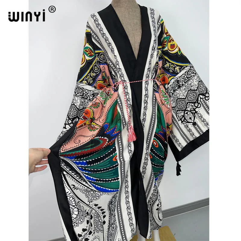 WINYI-Robe de seda feminino, manga Batwing, cardigã maxi, robe costurado, coquetel sexy, Boho, feriado africano, primavera, 2021