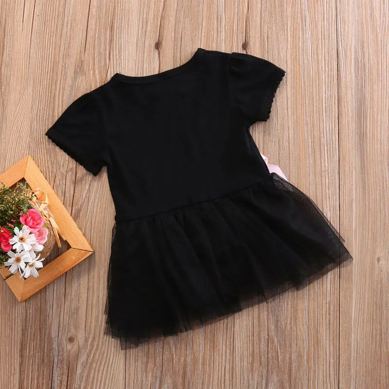 0-24M Fashion Cute Summer Newborn Infant Baby Girls Cotton O-Neck Letter Print Lace Knee-Length Black Tutu Dress Outfit Party