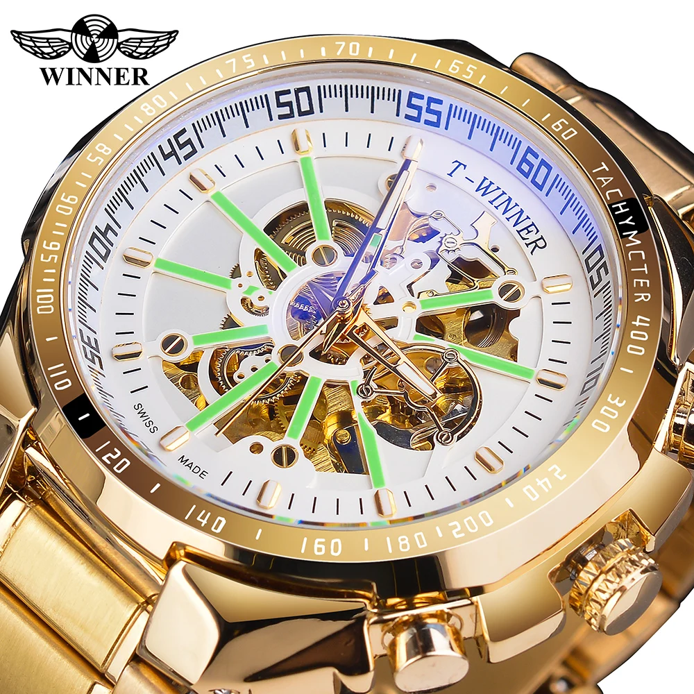 New Fashion Men's Watches Winner Blue Light Glass Black Golden Stainless Steel Waterproof Sport Automatic Watches Luminous Clock