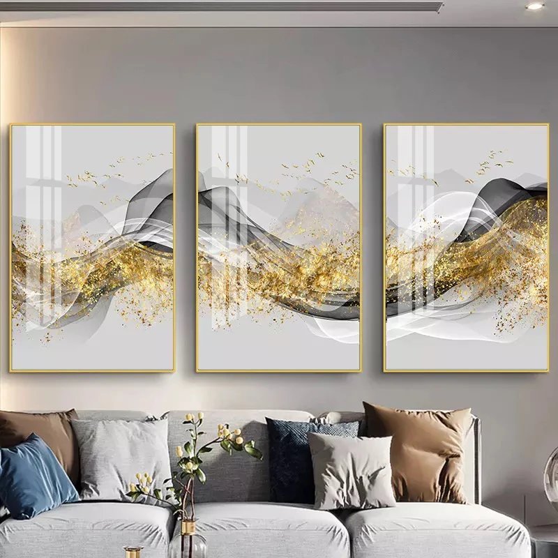 Gilt Colorful Poster Nordic Luxury Living Room Decoration Modern Minimalist Sofa Wall Creative Abstract Triptych Painting