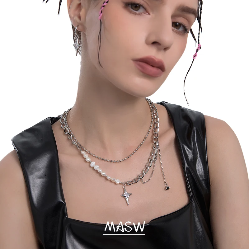 MASW Original Design Fashion Chain Necklace 2021 New Trend Two Layer Natural Pearl Glass Star Pendant Necklace Women Jewelry