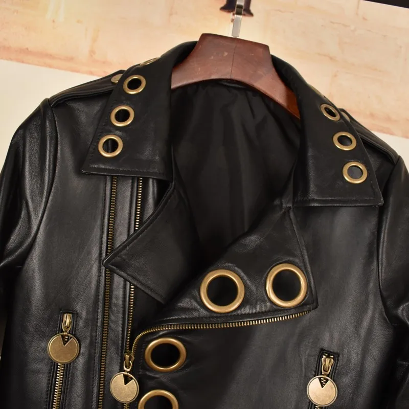 New Designer Women Metal Hollow Out Sheepskin Real Leather Jacket Punk Style Moto Biker Short Outwea Coat Genuine Leather Jacket