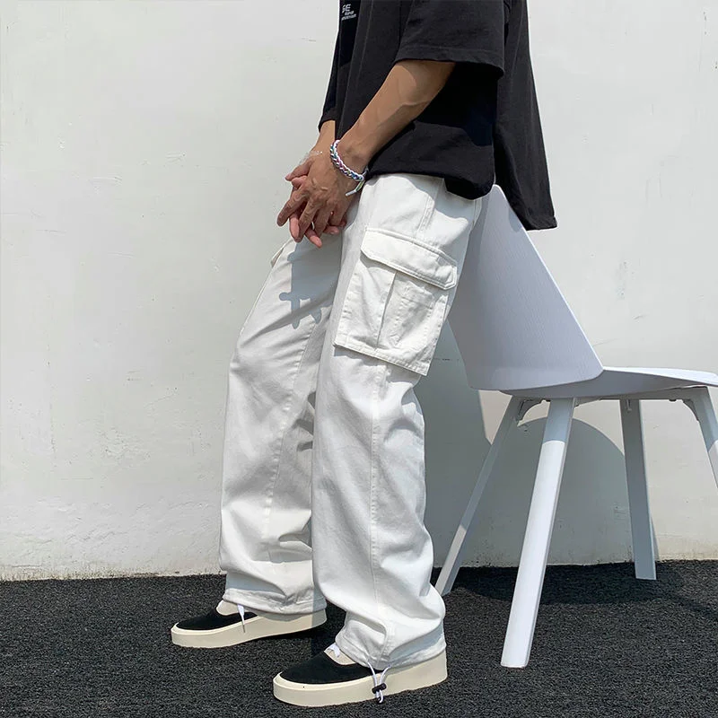 Black/white Cargo Pants Men Fashion Loose Straight Wide Leg Pants Men Streetwear Hip-hop Pocket Casual Pants Mens Trousers