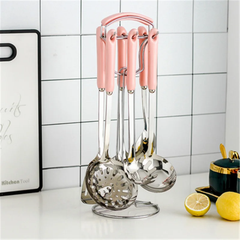 Ceramic Handle Gold Stainless Steel Kitchenware, Emerald Spoon, Colorful Kitchen Utensils,Cooking Cutlery Rack, 7Pcs in 1 Set