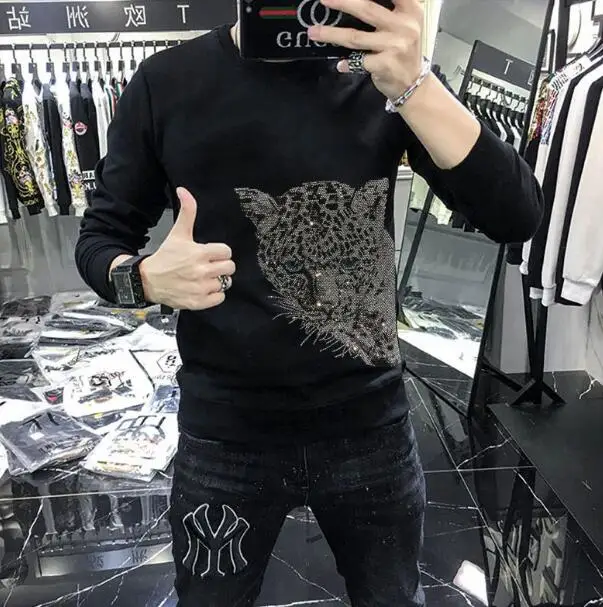 

Top quality Men's hoodie new cotton men's sweatshirts Rhinestone casual loose men hoodies europe style drop shipping