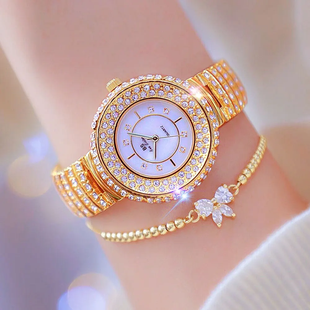 Luxury Korean Women\'s Full Rhinestone Watch Fashion Round Dial Quartz Waterproof Stainless Steel Party Wrist Watch for Wife Gift