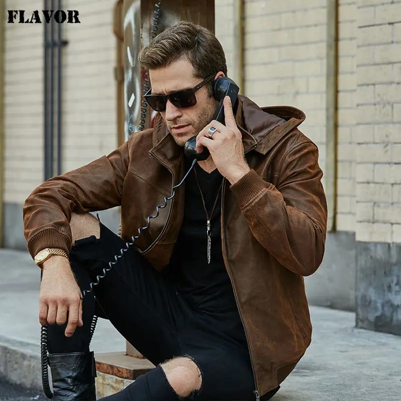 FLAVOR Men's Winter Jacket Genuine Leather Pigskin With Hood