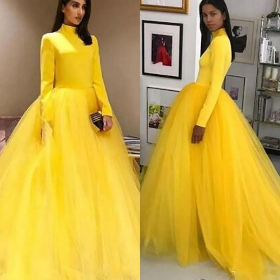 2023 Saudi Arabic Long Sleeve High Neck Yellow Prom Dresses Tulle Sweet 16 Quinceanera Formal Elegant Evening Gowns