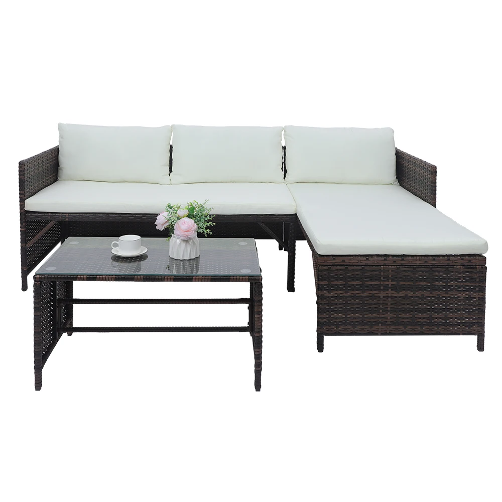 US Warehouse 1 Double Seat 1 Chaise Seat 1 Coffee Table Combination Sofa Brown Gradient Outdoor Furniture