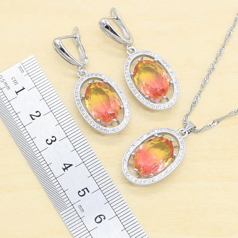 Gradient Red Semi-precious Silver Color Jewelry Sets for Women Earrings Bracelet Rings Necklace Pendant Gift Box